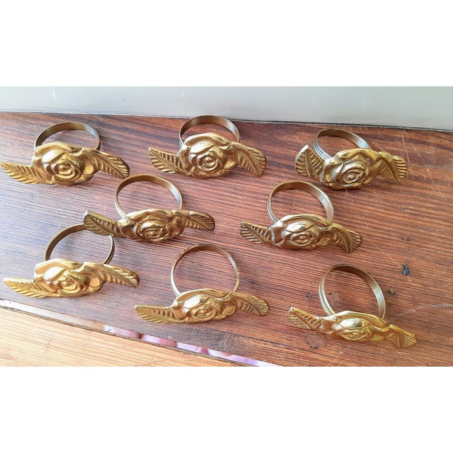 Brass Rose Napkin Rings Set 8 For Sale - Image 4 of 9