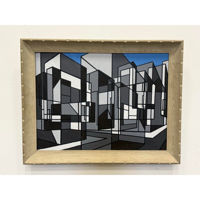 Wood Vintage Cubist Painting Cityscape For Sale - Image 7 of 7