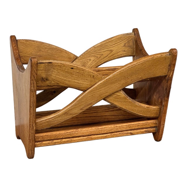 Oak Wood Sculptural Magazine Rack For Sale