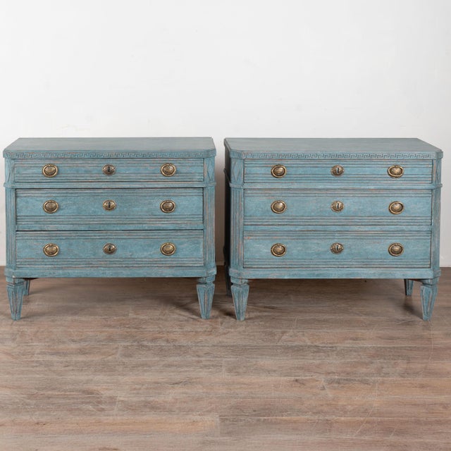 Gustavian (Swedish) 19th Century Swedish Gustavian Blue Painted Chest of Drawers, Pair For Sale - Image 3 of 17