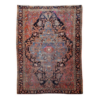19th Century Persian Farahan Rug, Hand-Knotted Wool, Floral Medallion Design, Blue & Red, 4x6 For Sale