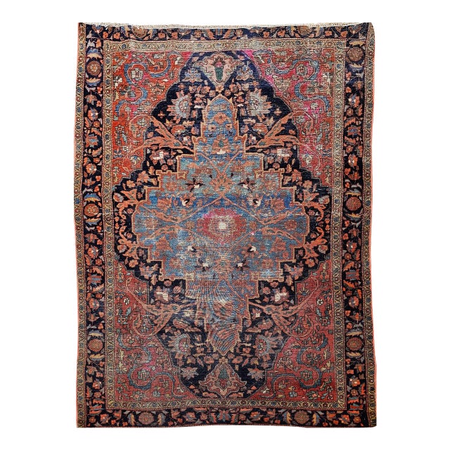 19th Century Persian Farahan Rug, Hand-Knotted Wool, Floral Medallion Design, Blue & Red, 4x6 For Sale