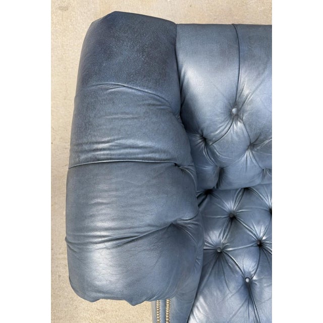 Vintage Blue Leather Camelback Chesterfield Sofa For Sale - Image 11 of 18