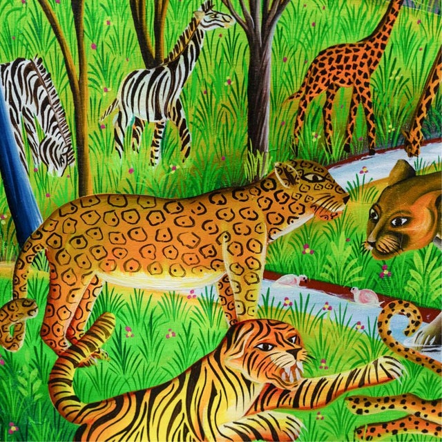 Folk Art Late 20th Century Jungle Animals, Oil on Canvas Painting Signed by Blanchard For Sale - Image 3 of 6