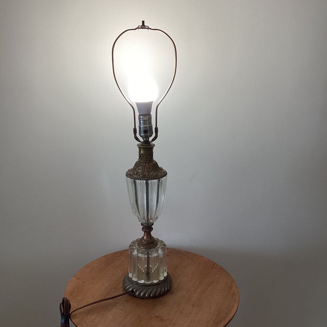 Transparent Vintage Hollywood Regency Style Lamp Crystal Tiered Ribbed Glass With Bronze Fittings Circa 1940 For Sale - Image 8 of 12
