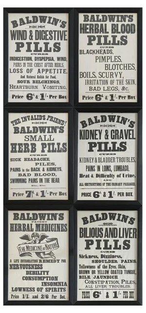Vintage Victorian Baldwins Pills Framed Posters, 1895, Set of 6