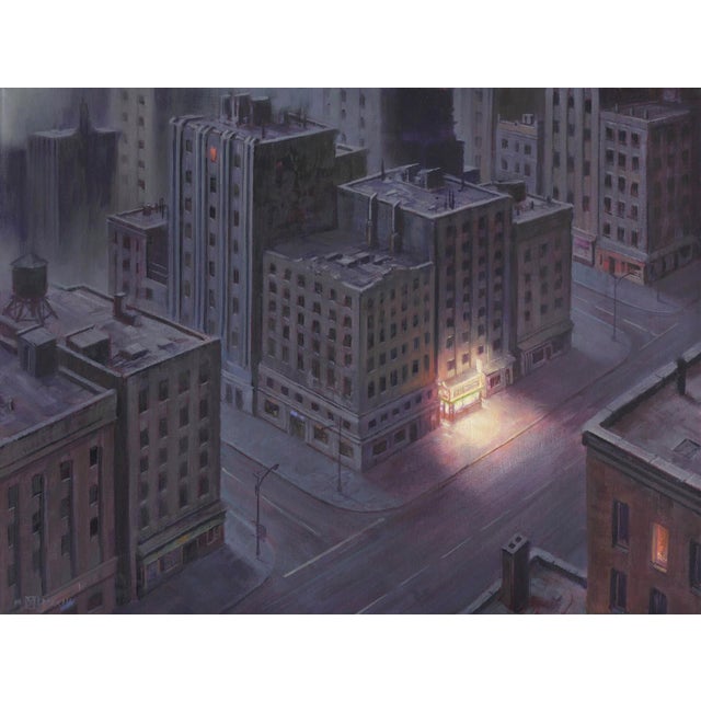 This oil painting depicts a nighttime urban scene, where a solitary building stands illuminated amidst a sea of dark,...
