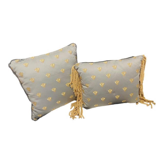 1960s Gorgeous Pair Silk Brocade Golden Bee Pillows With Fringes and Rope For Sale