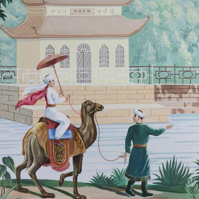 Chinoiserie Large Vintage Chinoiserie Decorative Painting With Camel Rider and Pagoda Scene For Sale - Image 3 of 8