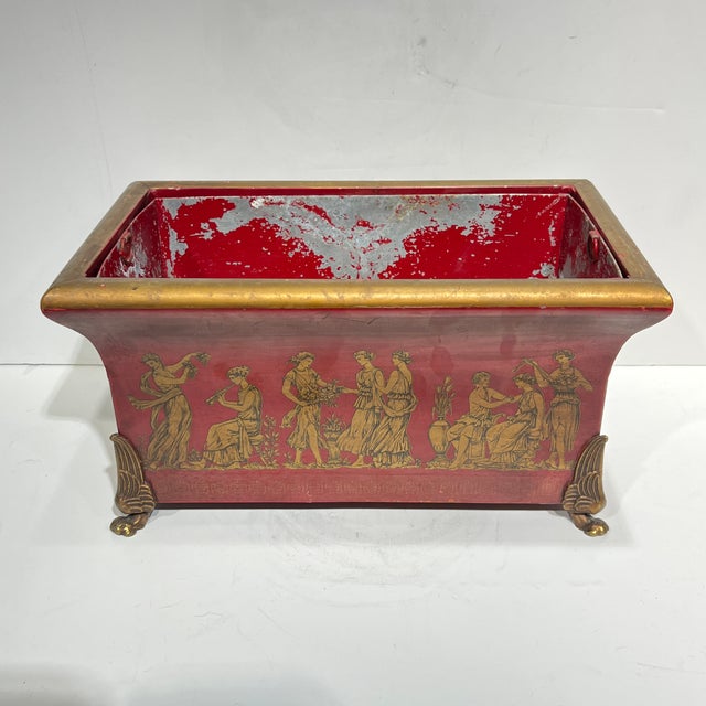 Pair Vintage Greek / Roman Neoclassical Red Painted Tole and Bronze Jardinieres For Sale - Image 4 of 12