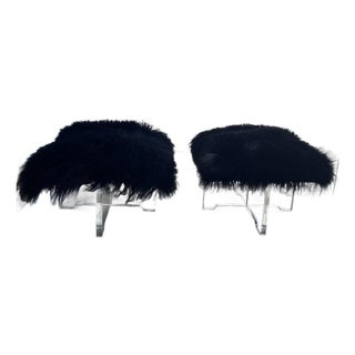 Pair of Jonathan Adler Black Mongolian Lamb Fur Lucite Benches / Ottoman’s For Sale