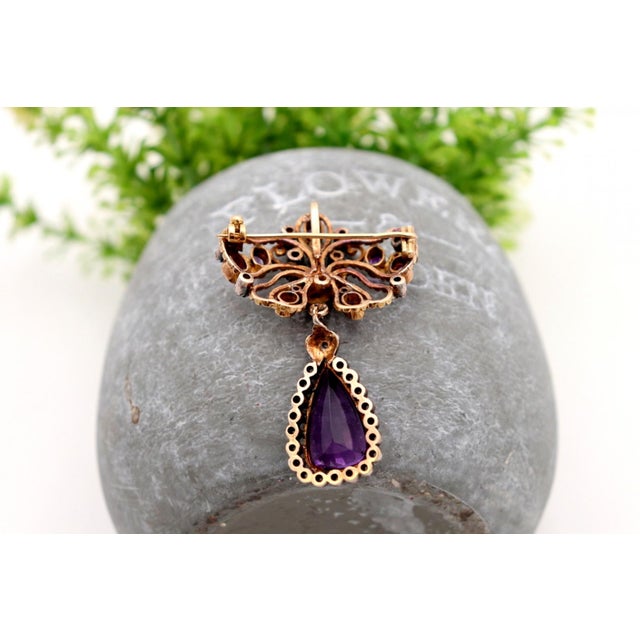 Gold and Silver Brooch with Diamond and Amethyst Chips For Sale - Image 3 of 7