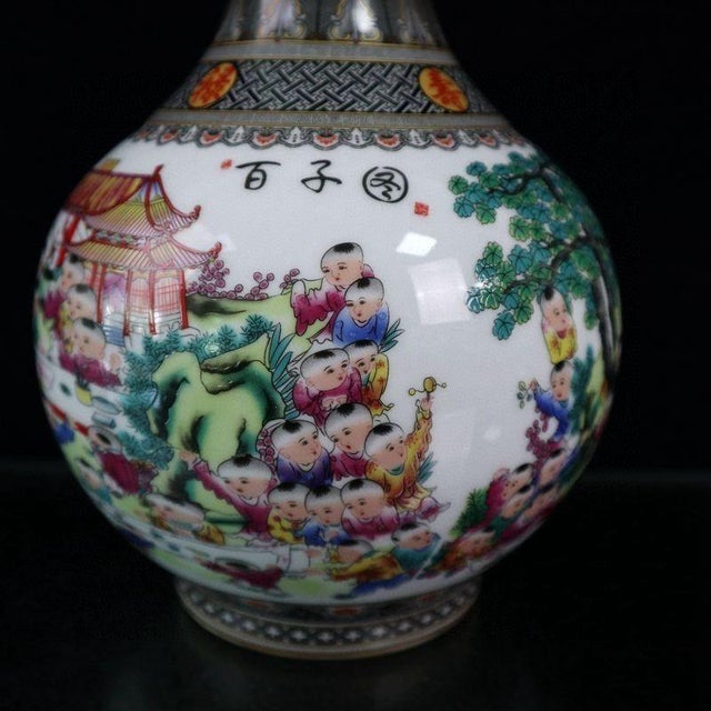 Ceramic Vintage Famille Rose Vase With "Hundred Children" Motif For Sale - Image 7 of 9