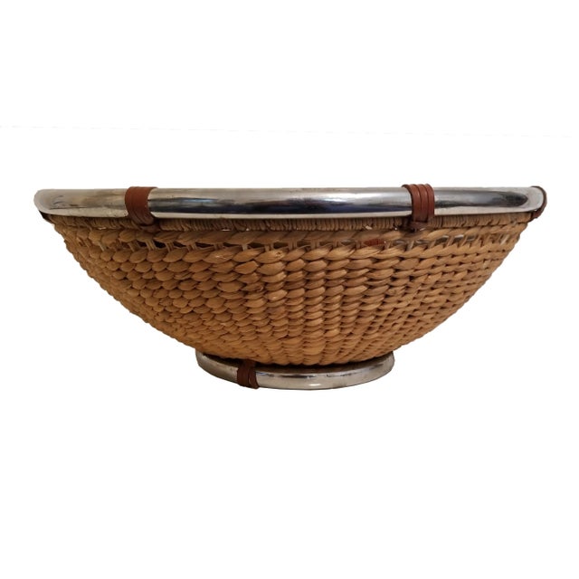 1970s Vintage Set of 2 Large Woven Baskets With Chrome Rim and Base For Sale - Image 5 of 12