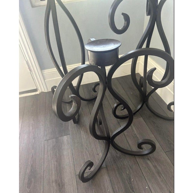 Set of 3 Monumental Wrought Iron Floor Candelabras With Etched Glass Hurricanes Spiral Detail For Sale In Los Angeles - Image 6 of 10