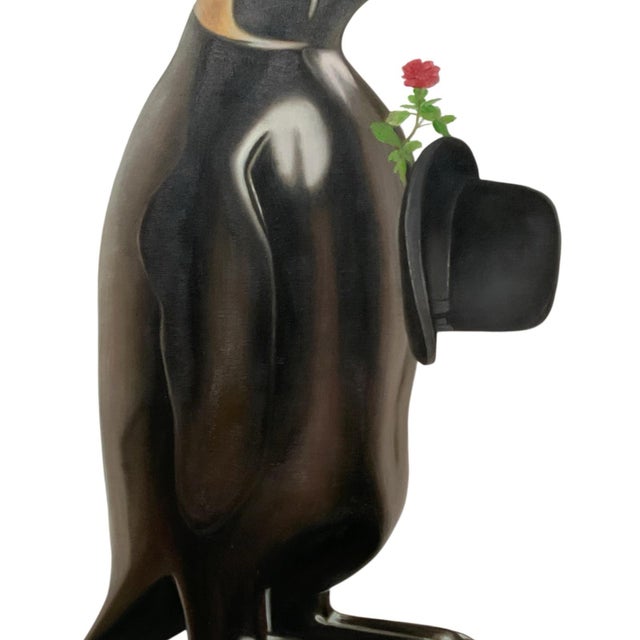2010s Original Francois Lucet Painting "Rendez Vous D'amour" Penguin Rose Oil Canvas 29x40 Usa 2019 For Sale - Image 5 of 8