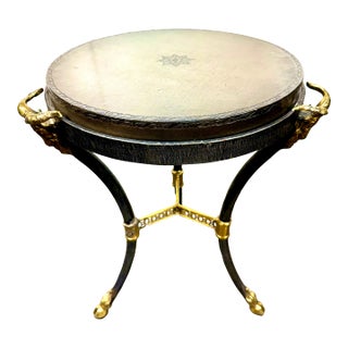 1990s Iron and Brass Side Table With Leather Top and Ornate Ram’s Head Accents For Sale