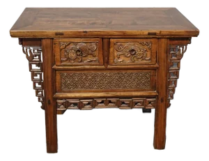 Antique Oriental Asian Hand Carved Console Table Brown Carved Chest Alter Table