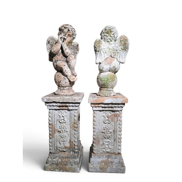 19th Century Italian Terracotta Cherub Sculptures on Pedestals, 1890, Set of 2 For Sale - Image 6 of 11