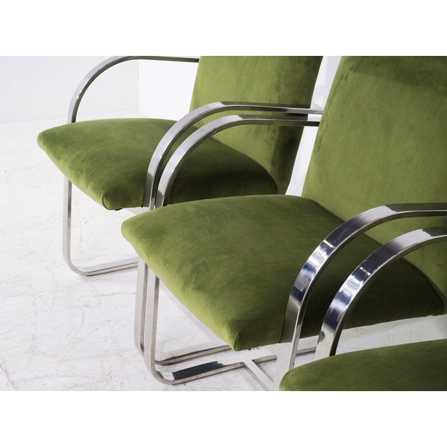 - 32.5"h, 23"w, 19"d, 18" seat height - Chrome plated steel frame with green velvet upholstery - In the style of BRNO...