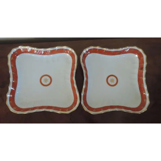 1800 - 1805 English Worcester Porcelain Square Dessert Dishes with Orange Red Bands - A Pair For Sale - Image 9 of 11