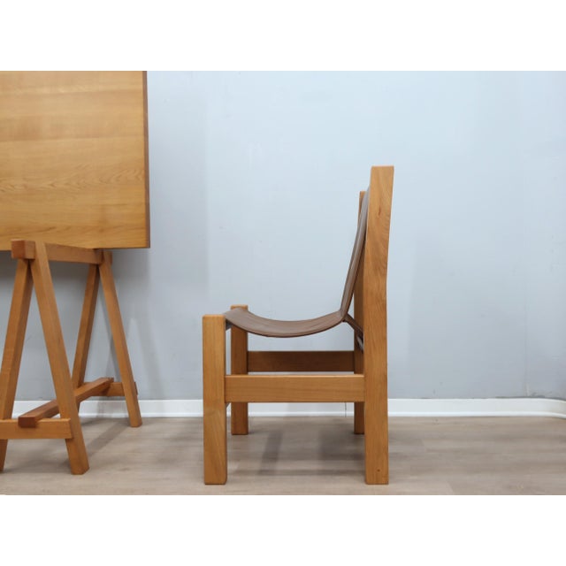 Trestle Beech Writing Desk with Leather Chairs, Italy, 1970s, Set of 3 For Sale - Image 4 of 17