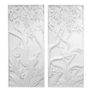 Pair of Modern White Relief Wall Panels With Bird and Grape Motifs For Sale