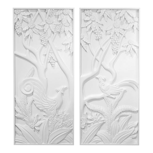 Pair of Modern White Relief Wall Panels With Bird and Grape Motifs For Sale