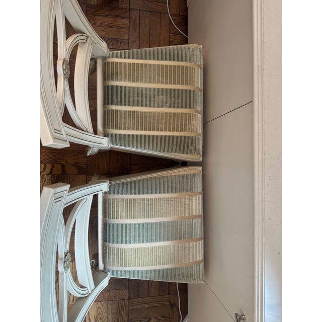 Antique White Two Bellman Chairs, White Lacquered With Gold Cilding, New Upholstered Seats and Chair Ties For Sale - Image 8 of 15