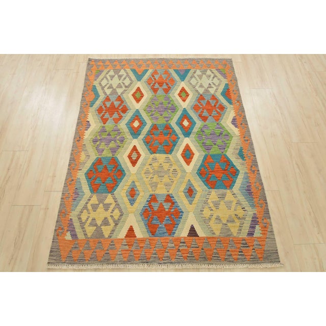 Tribal Kilim Rug 4’2” X 5’6” Multicolor Wool Tribal Handwoven Oriental Carpet For Sale - Image 3 of 12