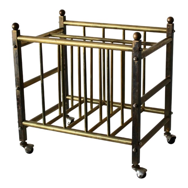Hollywood Regency Brass Canterbury Book Magazine Rack Crate With Ball Castor Sphere Finials Detail Vintage For Sale