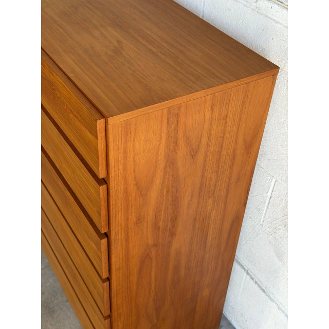 In Style of Arne Wahl Iversen Teak 6 Drawer Tall Highboy Dresser Denmark Mid-Century Modern 1960s For Sale - Image 9 of 10