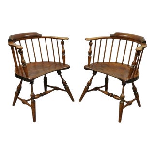 Antique English Windsor Colonial Pine Wood Spindle Pub Club Arm Chairs - A Pair For Sale