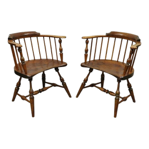 Antique English Windsor Colonial Pine Wood Spindle Pub Club Arm Chairs - A Pair
