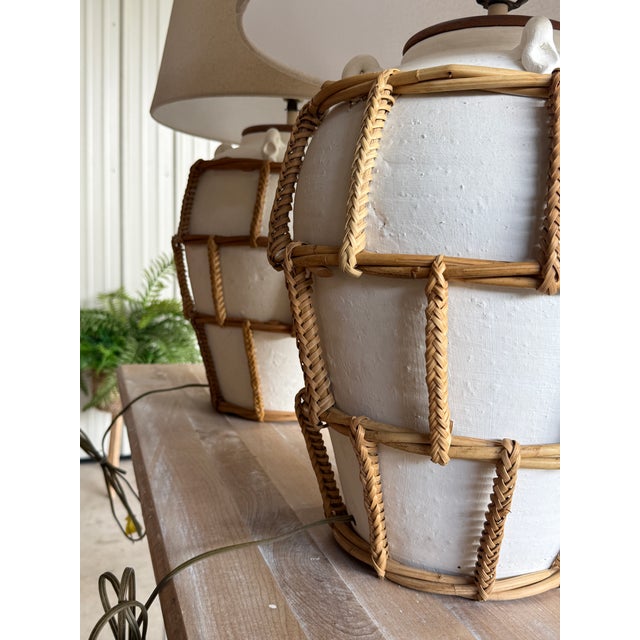 Monumental Boho Coastal Regency Plaster Lamps With Hand-Wrapped Rattan Cage & Linen Shades For Sale - Image 10 of 11