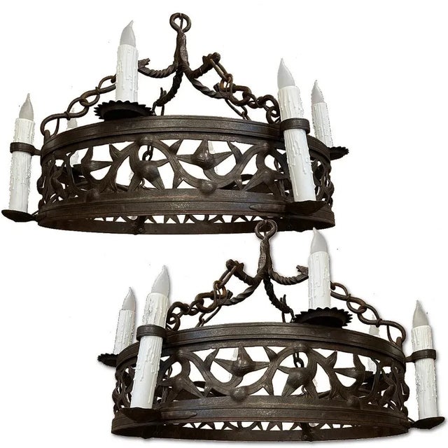 Pair Antique Country French Wrought Iron Chandeliers For Sale - Image 13 of 13
