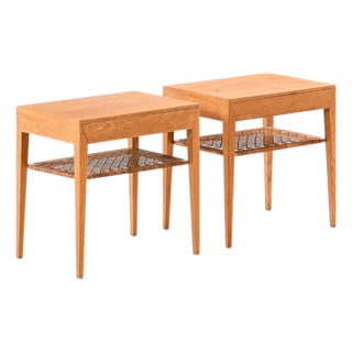 Bedside Tables in Cane and Oak attributed to Severin Hansen, 1950s, Set of 2 For Sale