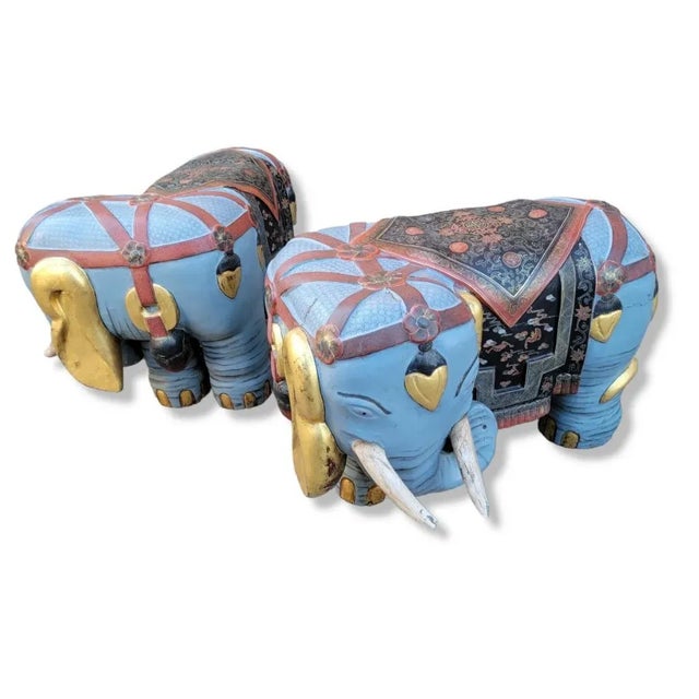 Vintage Asian Carved & Hand-Painted Polychrome Elephant Stools/Garden Seats - Pair This pair of vintage Asian carved and...