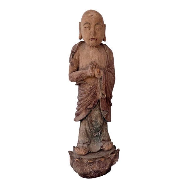 Antique Huge Carved Polychrome Wood Buddha Buddhist Monk on Lotus For Sale