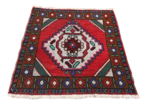 1950s Turkish Hand Knotted Floral Desing Red Doormat Rug