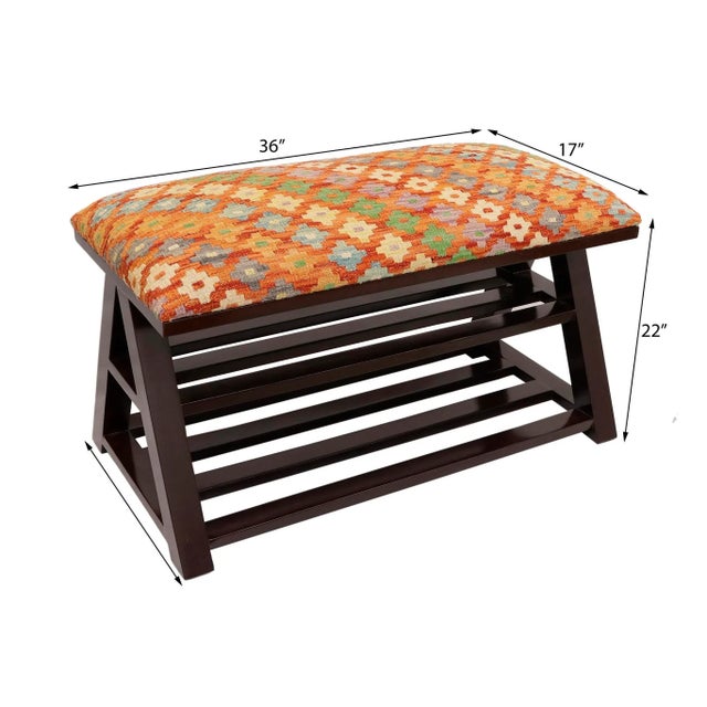 A stylish and classy handmade real wood storage bench crafted by skilled artisans using vegetable-dyed handwoven antique...