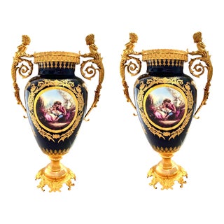 Vintage Pair of Porcelain Vase Rococo Style Cobalt Blue With Golden Cherub Handle Design For Sale