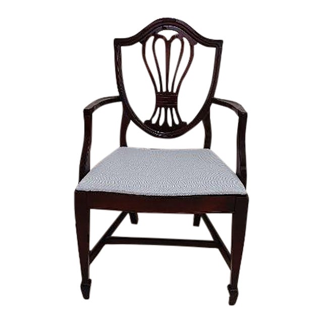 One Antique Wood Frame Armchair Fabric Upholstered Seat Dark Tone For Sale