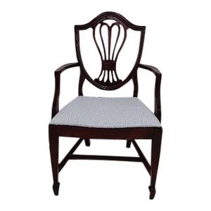 One Antique Wood Frame Armchair Fabric Upholstered Seat Dark Tone