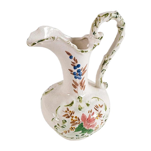 Antique Floral Hand-Decorated Ceramic Jug For Sale