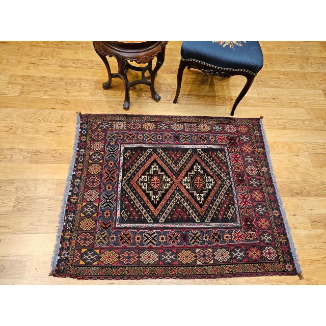 Vintage Afghan Baluch Tribal Area Rug in a Near-Square Size in Red, Blue, Brown For Sale In Chicago - Image 6 of 17