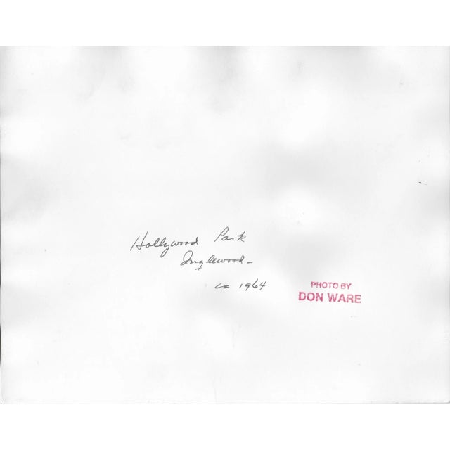 1964 black and white photo by Los Angeles, California based photographer Don Ware of a horse race at the Hollywood Park...