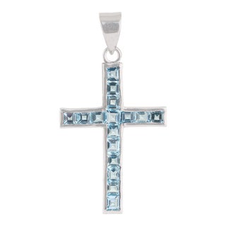 Handcrafted Modern Style Natural 3.09 Ct Sky Blue Topaz & Sterling Silver Cross Pendant For Sale