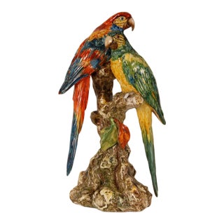 Art Deco Sculpture Italian Ceramic Animal Figurine Parrots Majolica by Guido Cacciapuoti Hand Crafted For Sale
