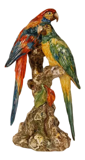 Art Deco Sculpture Italian Ceramic Animal Figurine Parrots Majolica by Guido Cacciapuoti Hand Crafted